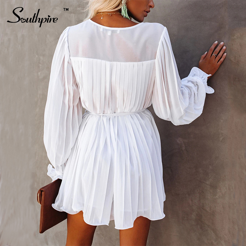 Southpire Women Long Butterfly Sleeve Draped Dress Ladies Daily Spring Summer Vestidos Elegant Ruffle Chiffon VNeck Party Dress 210303