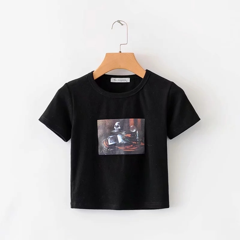 Women Skull Print Crop Tee in Black Short Sleeve Crop T-shirt Fitted Top 210306