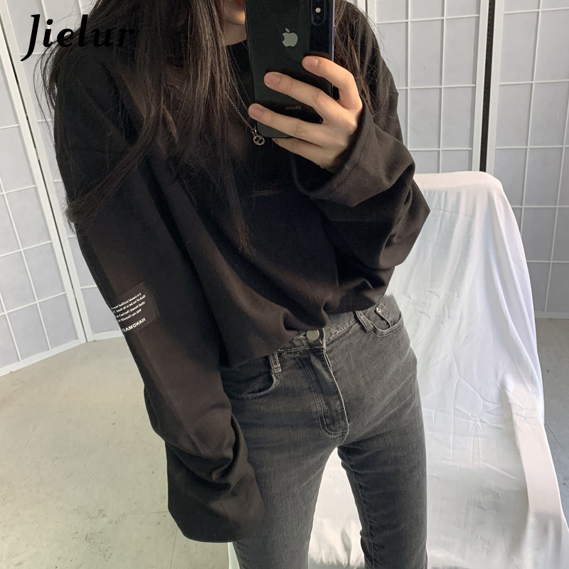 Jielur Korean Style Fashion Long Sleeve T-shirt Women Harajuku BF T-shirts Spring Loose Couple Tees White Top Hipster Clothing 210302