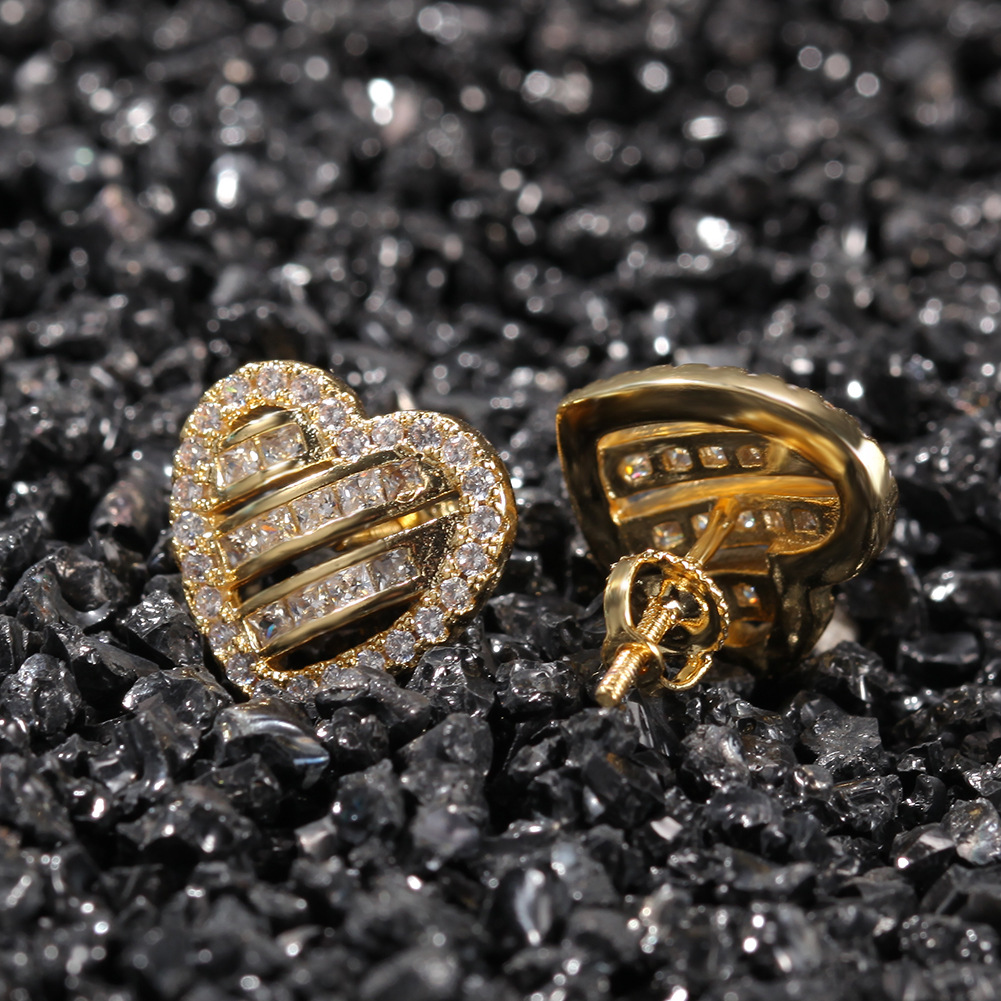 Hip Hop Heart Shape Stud Earring Bling 18K Real Gold Plated Prevent Allergy Earrings for Men Women Gift