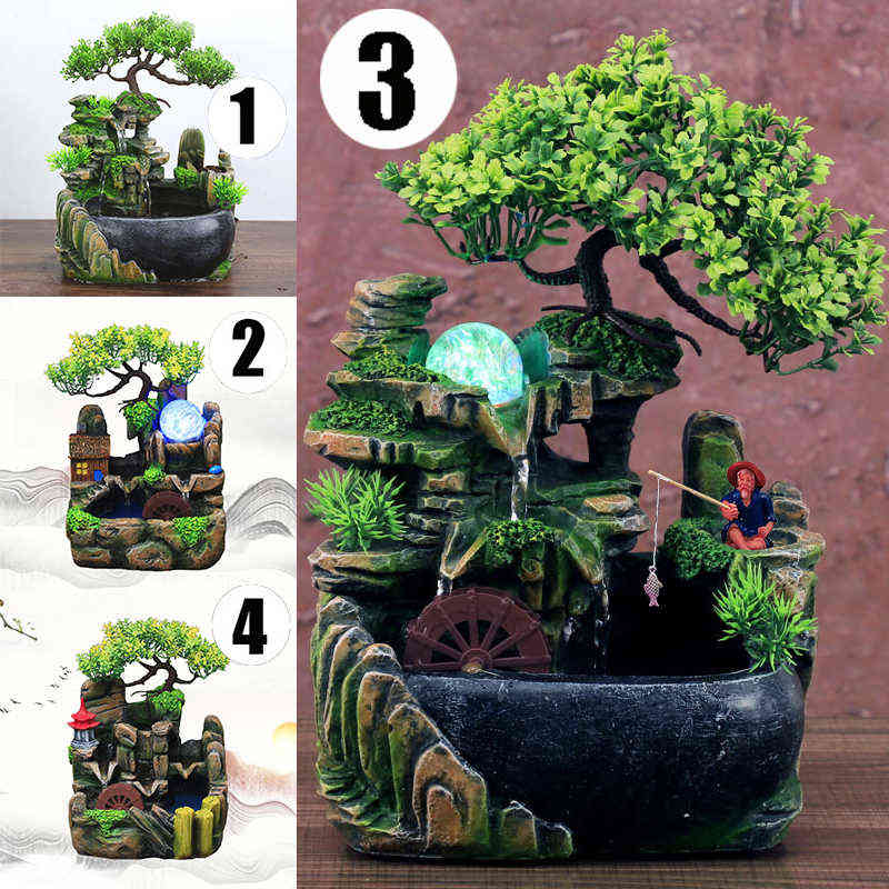 Desktop Resin Mountain Rockery Fountain Waterfall Garden Bonsai Decoration Tabletop Flowing Water (4 Size Choose) 211108