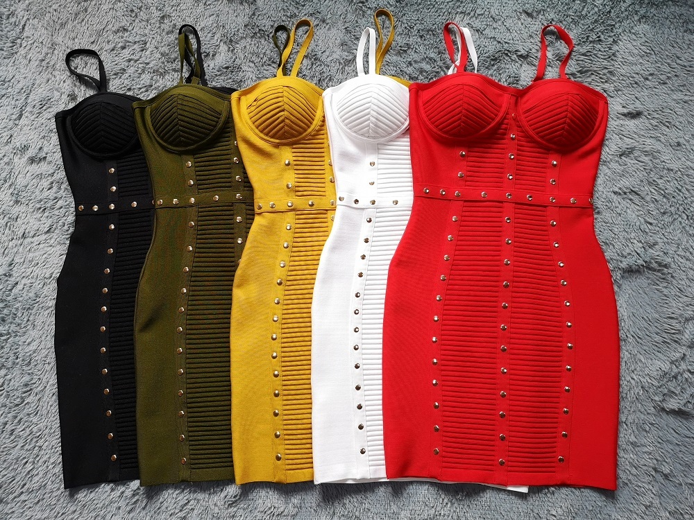 Night Dress Spaghetti Strap Mini Sleeveless Striped Bandage Dress Metal Rivet Club Sexy Cocktail Sheath Vestidos Christmas 210309