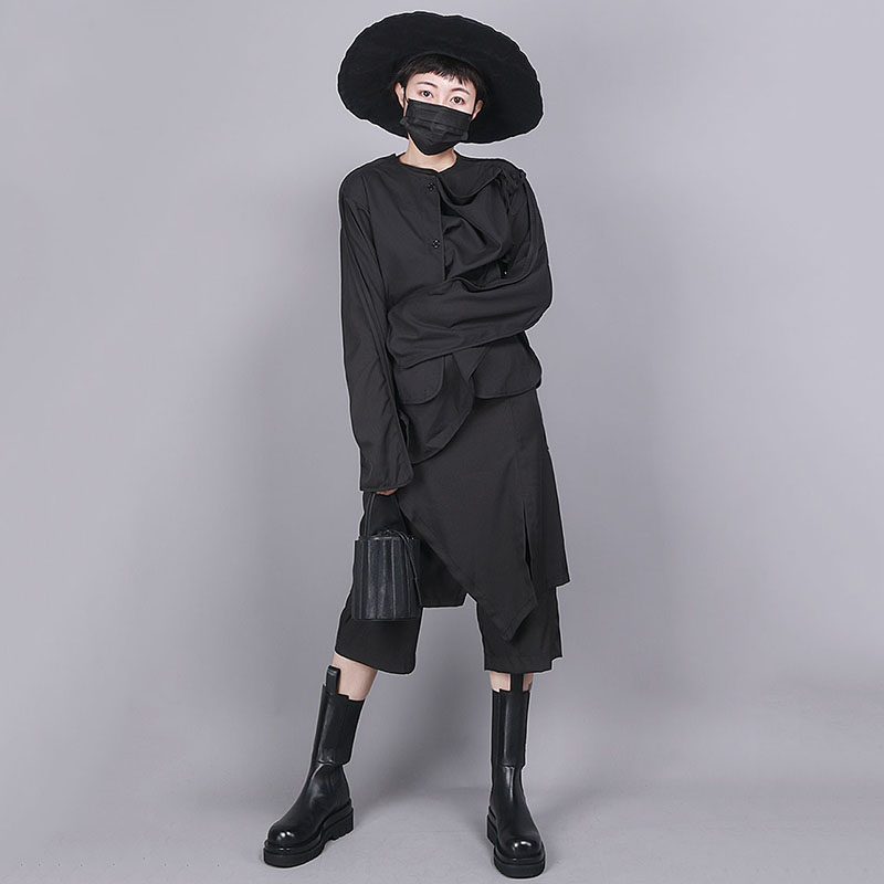 EAM High Elastic Waist Black Split Joint Harem Trousers New Loose Fit Pant Fashion Spring Autumn 1R855 201012
