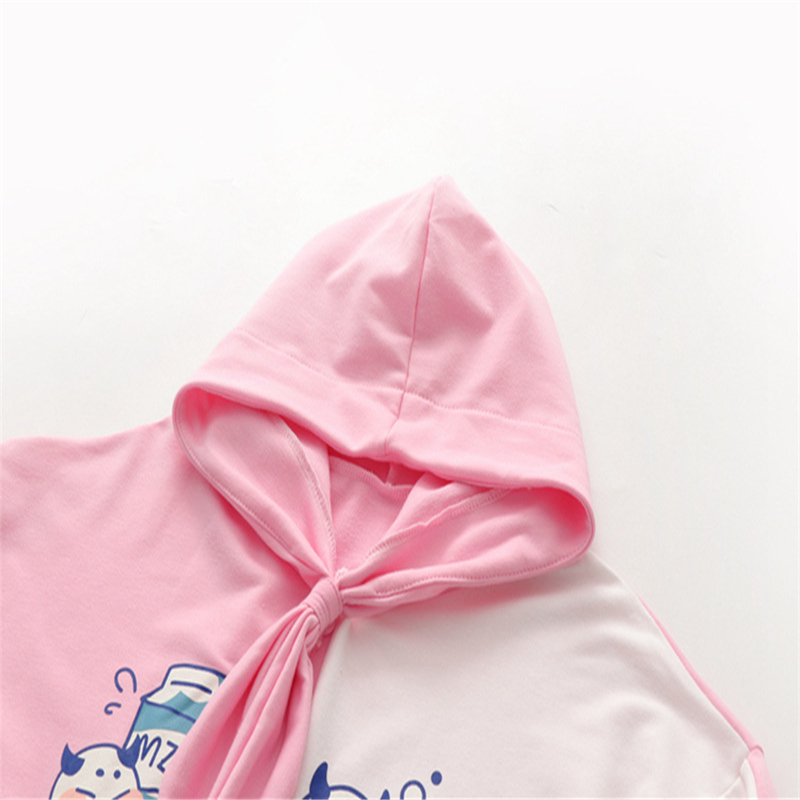 Merry Pretty Women Cartoon Print Pink Hooded Sweatshirts Winter Long Sleeve Tie Collar Hoodies Femme Harajuku Pullovers 201102