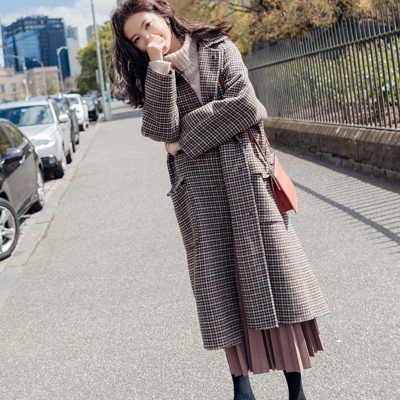 Bella Philosophy winter women plaid windbreaker woolen coat female middle long new houndstooth Female long coat 210218