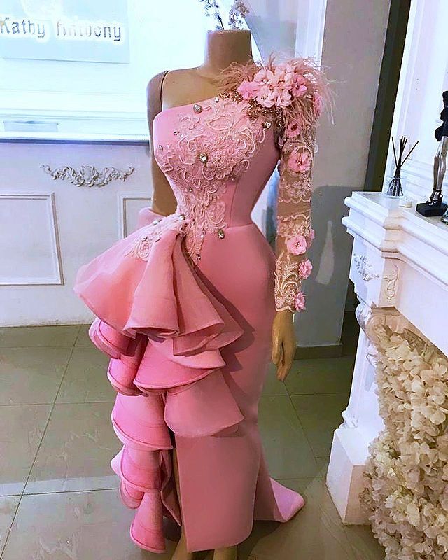 One-shoulder Ruffles Slit Skirt Prom Dresses Blue Fuchsia Lace Beaded Floral African Arabic Aso Ebi Lace Occasion Evening Dress
