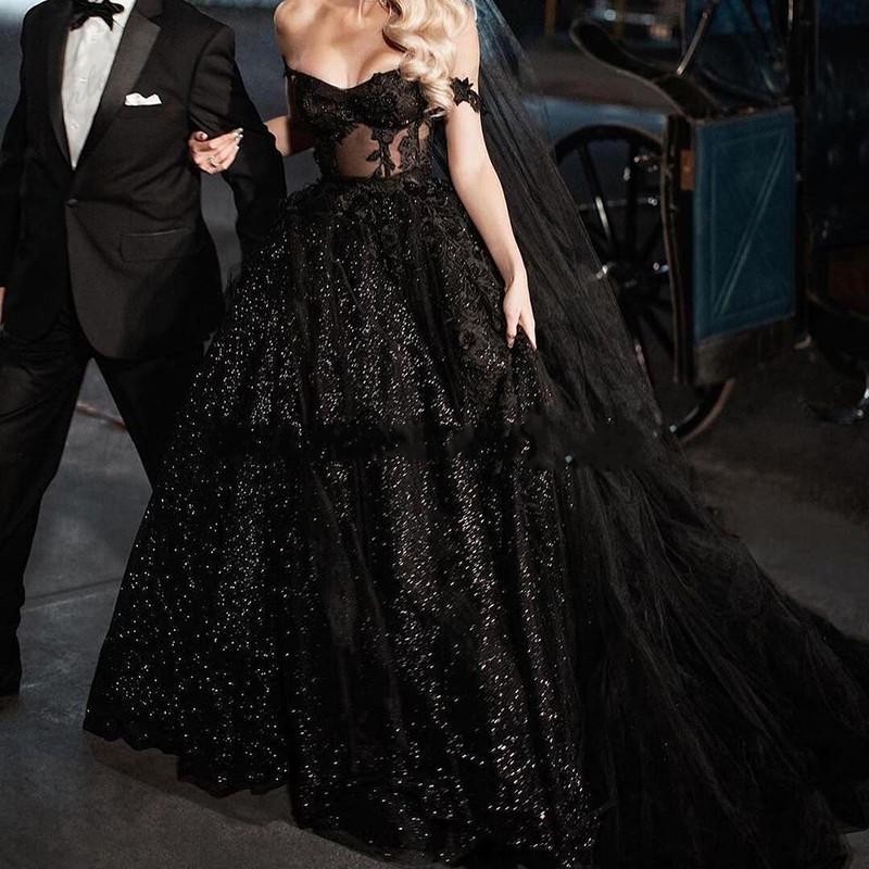Black Elegant Gothic Sequined Plus Size A Line Wedding Illusion Off Shoulder Lace Appliques Formal Dress Bridal Gowns Cystom Made Robe De Mariee ppliq