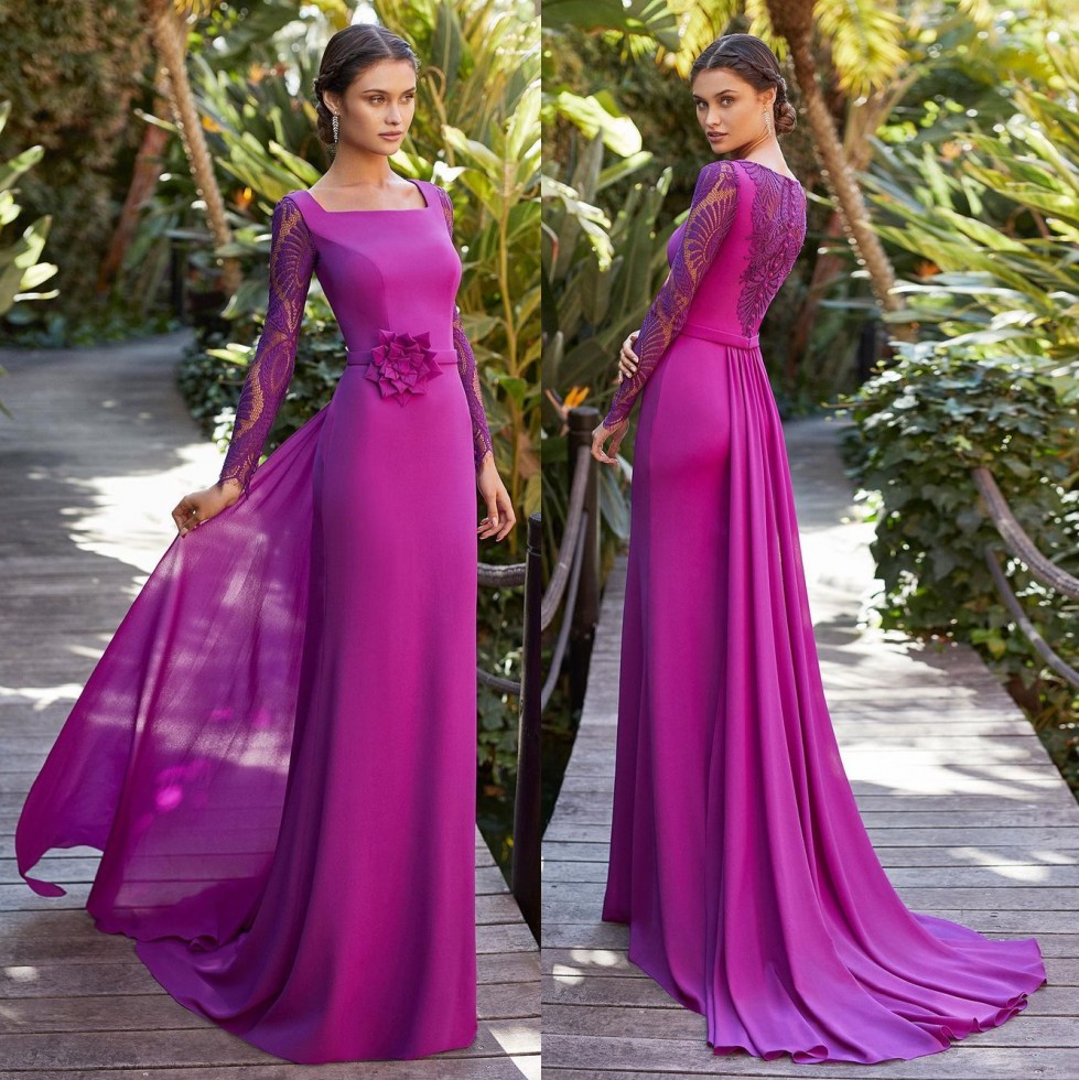 Fuchsia Lace Sheath Mother Of The Bride Dresses Long Sleeves Square Neck Evening Gowns With Flower Sash Sweep Train Chiffon Wedding Guest Dress
Fuchsia Lace Sheath Mother Of The Bride Dresses Long Sleeves Square Neck Evening Gowns With Flower Sash Sweep Train Chiffon Wedding Guest Dress