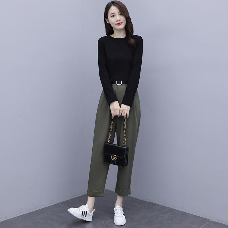 Women's Two Piece Pants Spring Leisure Korean Fashion Clothing Set Black Pullover Top Sweatshirt 2 Pcs Outfit