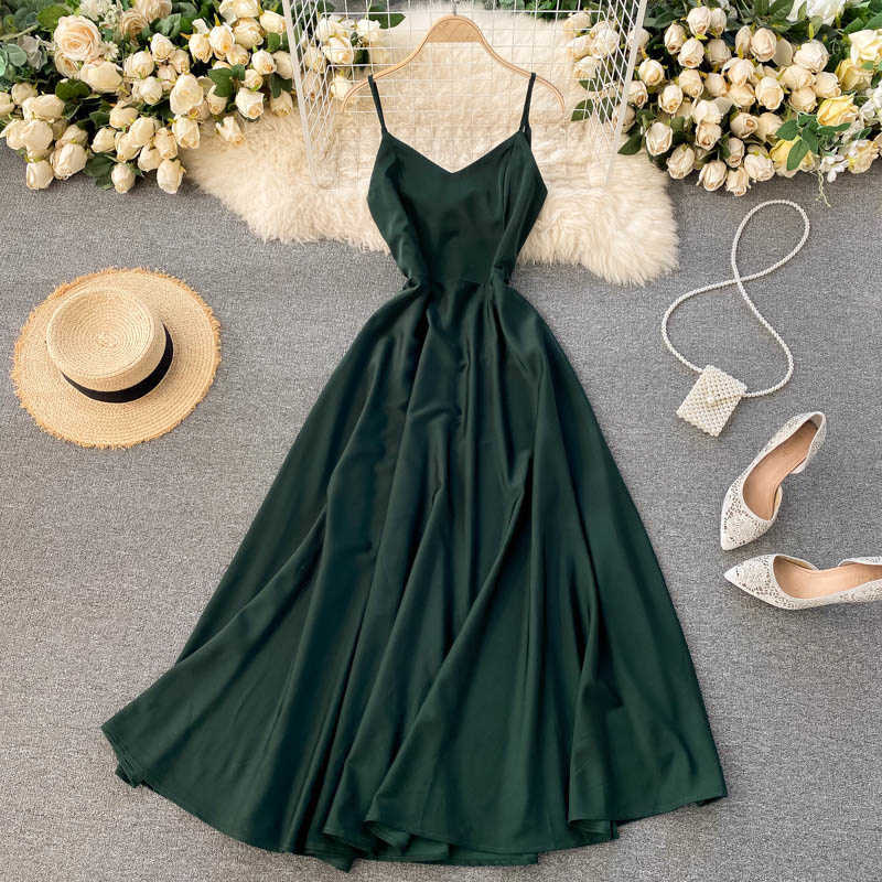 DEAT Women Sling Vacation Beach Dress V- Neck Sleeveless Arrivals Lady Temperament Fashion Spring Summer 11D2086 210709