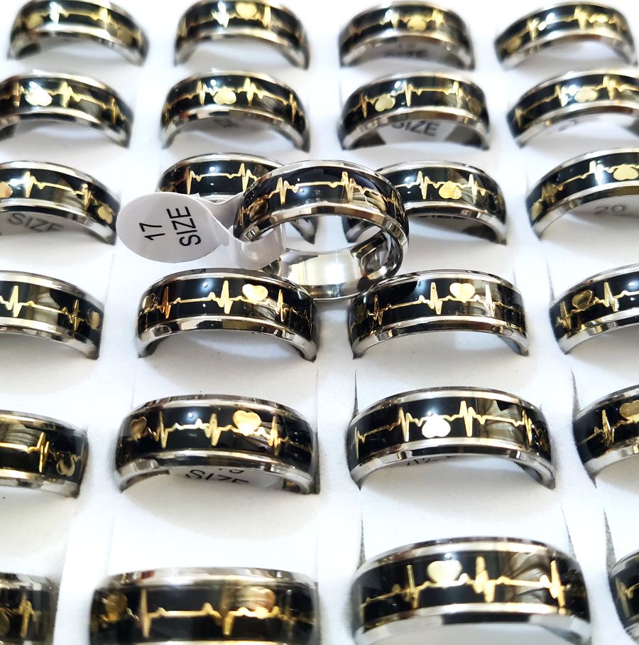 20pcs ECG Mood Ring Mens Electrocardiogram Color Change Stainless Steel Wedding Rings Fashion Womens Ring Male Unique Jewelry Gift Favor