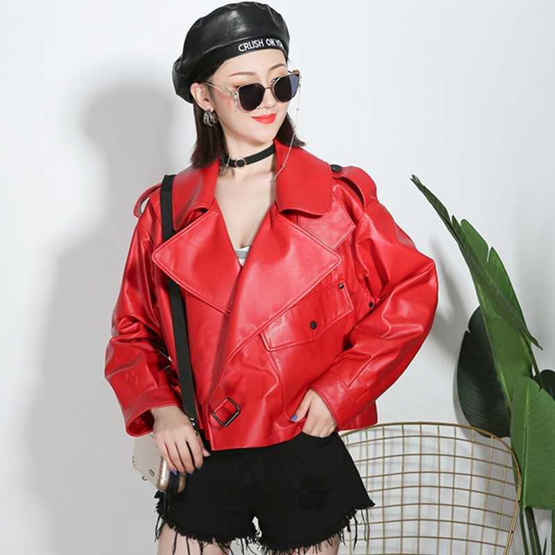 LY VAREY LIN Spring Autumn Women Vintage Faux Soft Leather Short Jacket Loose Turndown Collar Casual Motorcycle Outwear 210526