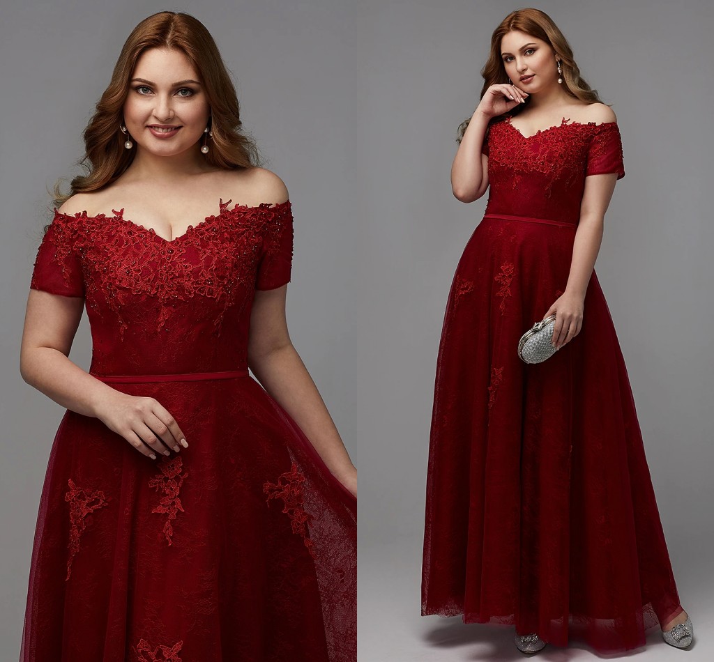 A-Line Plus Size Burgundy Engagement Evening Dress Off Shoulder Lace-up Short Sleeve Lace Appliques Formal Party Gown New Robes De Soirée Vestidos Fea