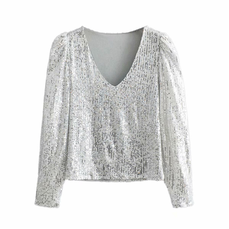 Women Sexy V-neck Sequins Shiny Blouses Fashion long Sleeve Party Club Female Shirts Blusas Mujer Chic Tops 210225