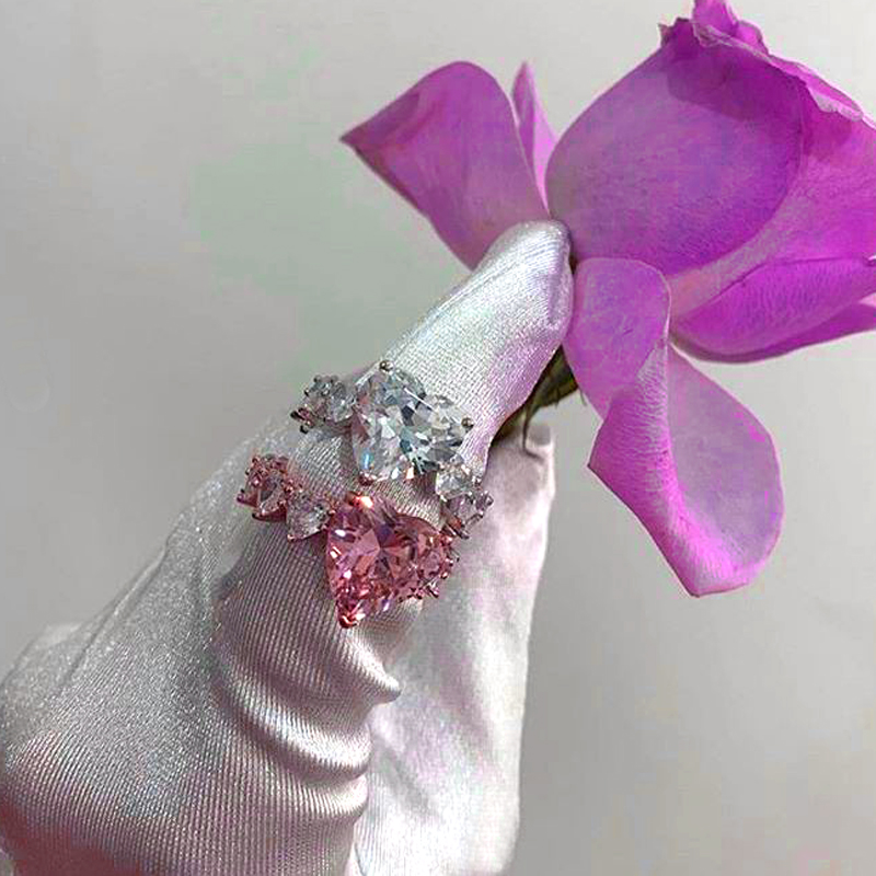 New Big Pear Shape Accent Stone Rings Rose Gold Pricess Cut full CZ Band Wedding Engagment Tear Drop Pink Pinky Ring For Women 2021
