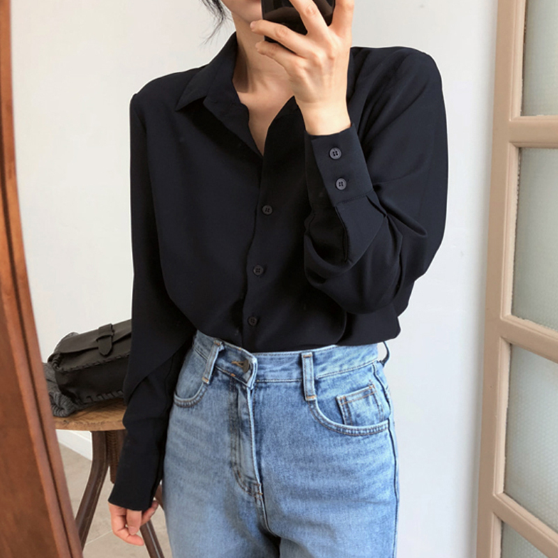 2021 Spring Women Solid Long Sleeve Chiffon Blouse Office Lady Elegance Oversize Black HB Shirts Korean Style White Tops T08905F 210225