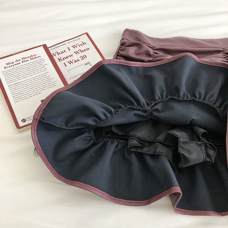 Sweet Pleated Ruffles Small Leather Skirt Womens Autumn Korean High Waist A Shaped Hip Skirt for women Culottes Vintage 210306