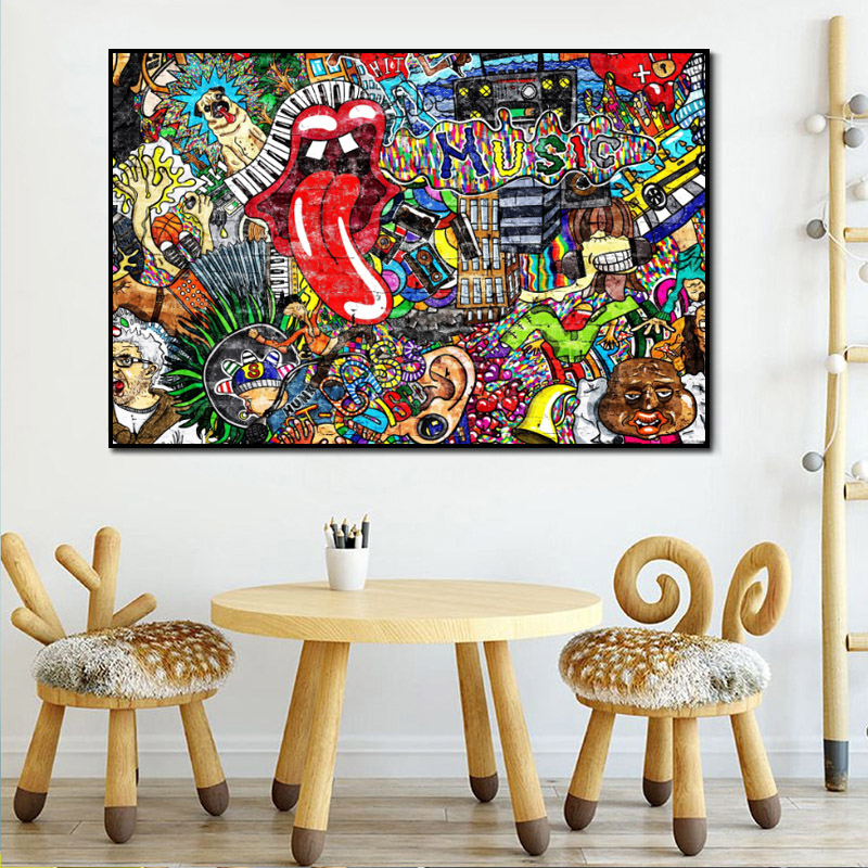 Graffiti Street Art Music Collage Abstract Figure Picture Canvas Painting Wall Art Poster Prints for Living Room Decor No Frame