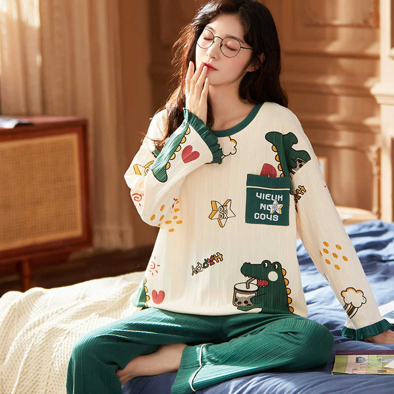Pure Cotton Pajamas Women's Autumn Winter Long-sleeved 2 Piece Set Loose and Can Be Worn Outside Cute Plus Size Home Suit 210924