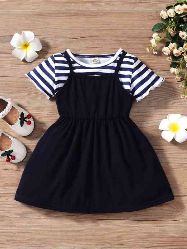 Baby Striped Lettuce Trim Tee & Cami Dress SHE