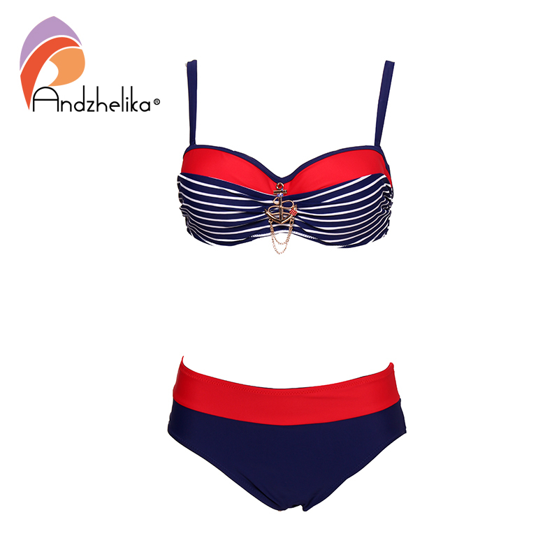 Andzhelika Sexy Striped Bandeau Plus Size Bikini Women Swimsuit Metal decoration Bikinis Set Swimwear Brazilian Bathing Suits 210305