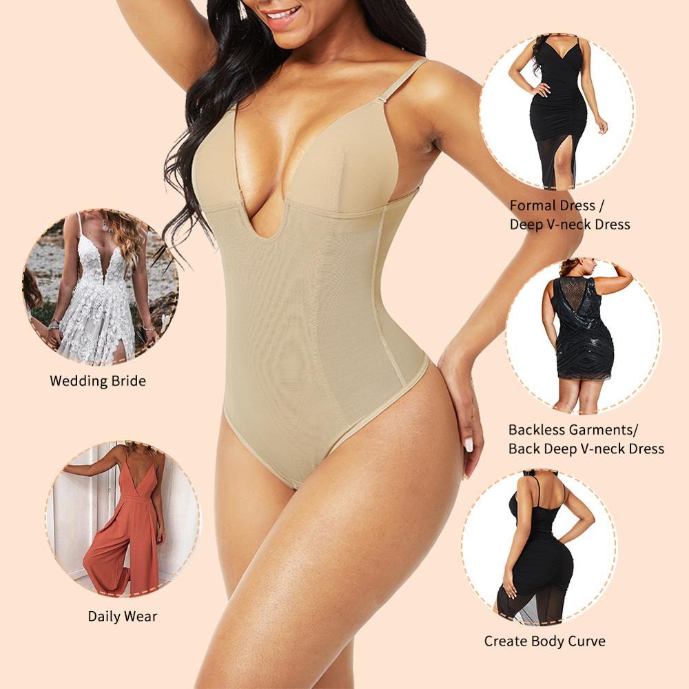 Feelingirl Women Deep V Bodysuit Slimming Body Shaper U Plunge Bra Thong Backless Strap Seamless Underwear Sexy Lingerie fajas 210305