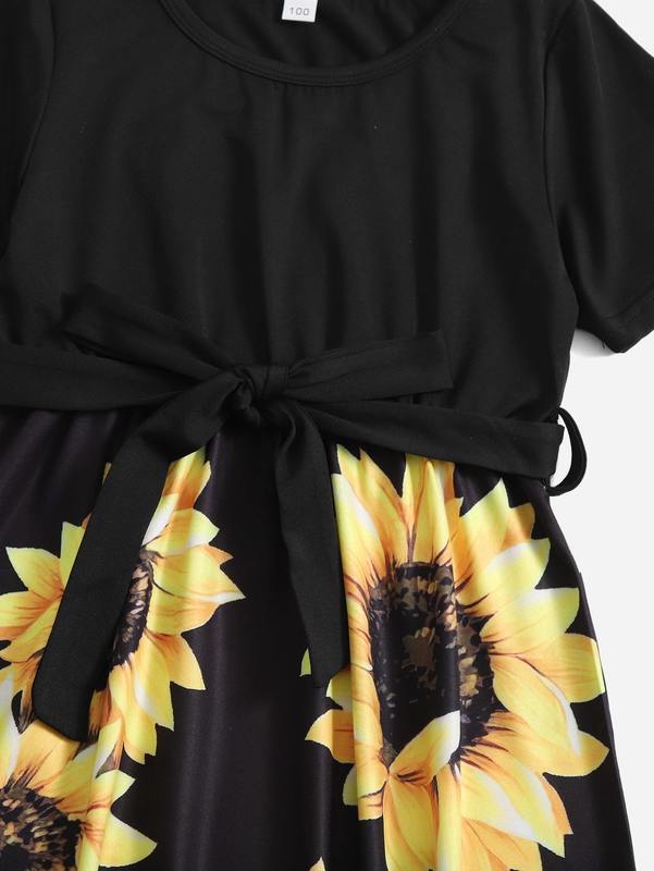 Toddler Girls 1pc Sunflower Print Belted Dress SHE