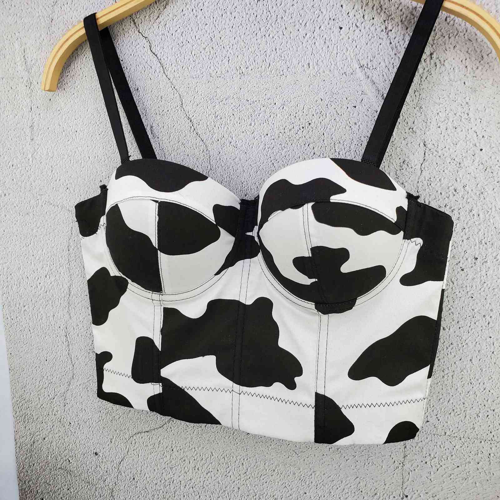 Spring and Summer Fashion Cow Print Camisole Cute Gathered Slim Stretch Women Sleeveless Short Bustier Corest Crop Tops S217 210527