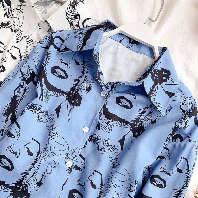 Womens Character Shirts Cartoon Print Long-sleeved European Chic Blouse Student Casual Woman Shirts Female Tops LS056 210225