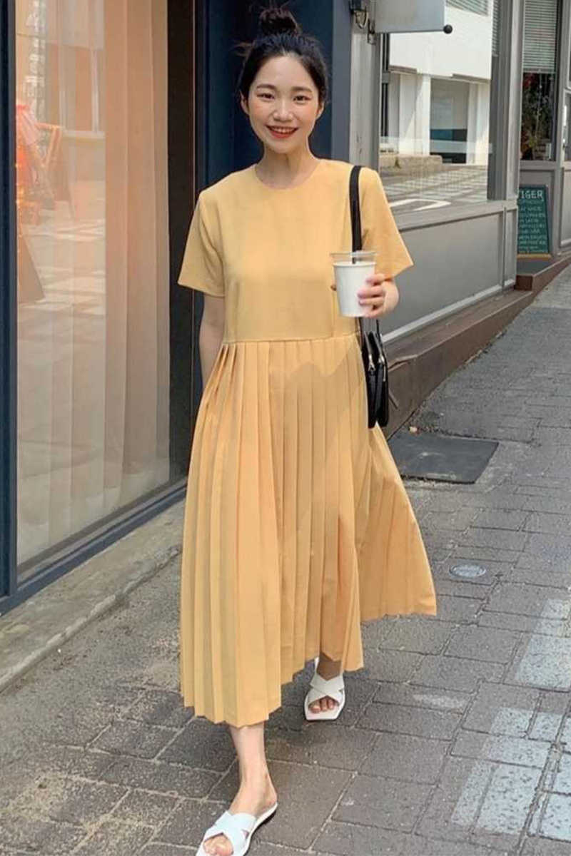 Korejpaa Women Dress Summer Korean Chic Ladies Age-reducing Sweet Round Neck Loose Solid Color Versatile Pleated Vestidos 210526