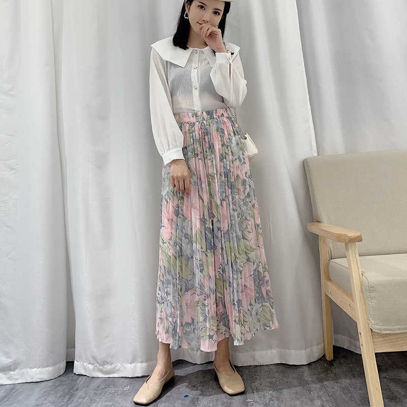 TIGENA Summer Chiffon Maxi Skirt Women Beautiful Floral Print Aesthetic A Line High Waist Pleated Long Female Lady 210621