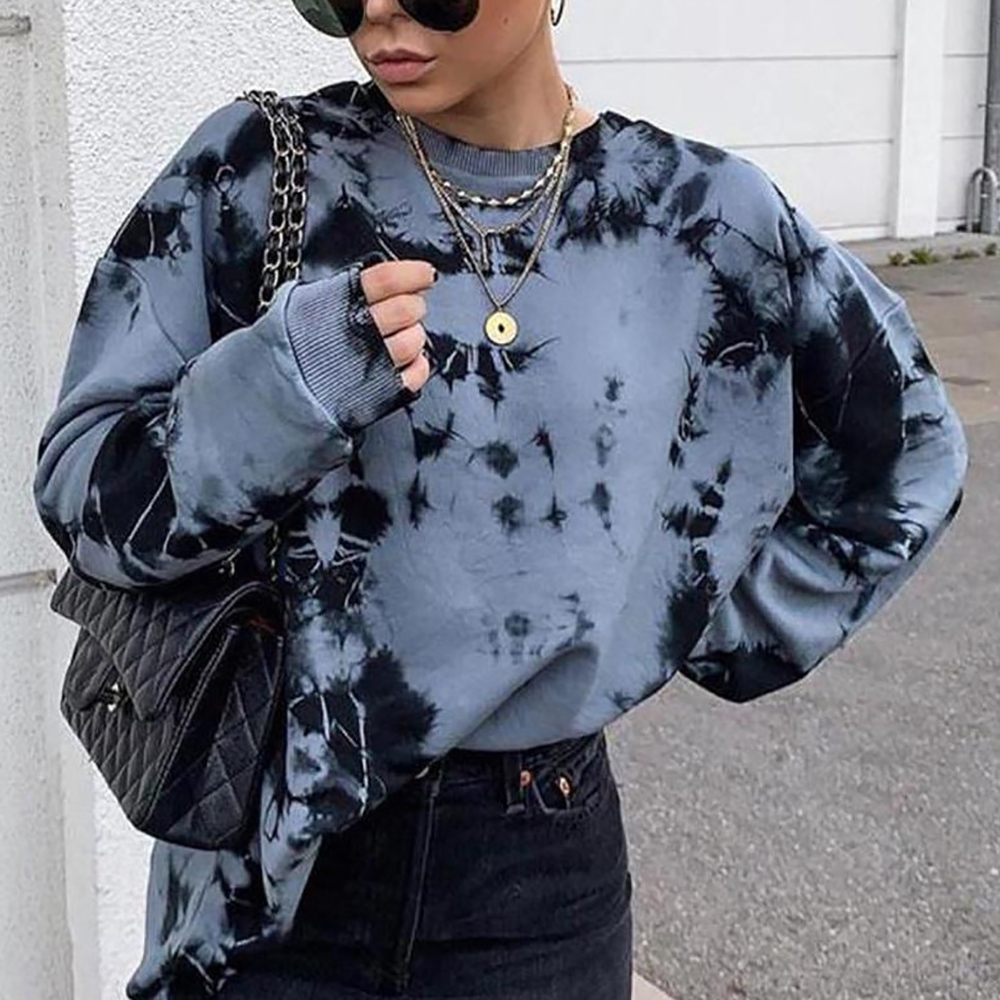 Women Sweatshirts Autumn Round Neck Young Girls Female Tie -dye Printed Clothes Loose Women Pullover Sweatershirts Punk 201102