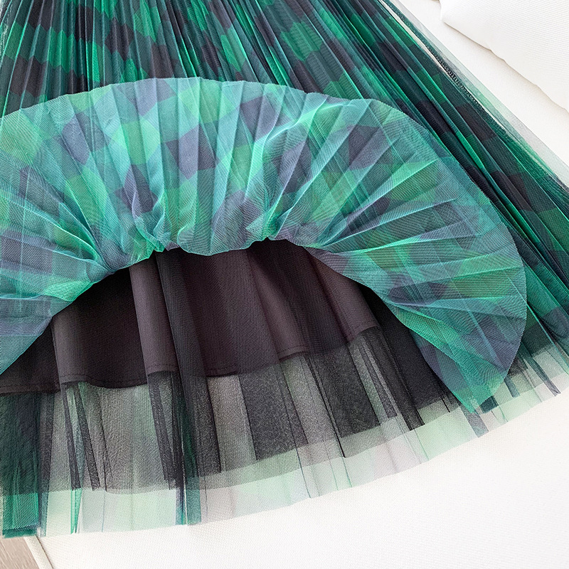 TIGENA Green Red Long Plaid Tutu Tulle Skirt Women Fashion Elegant A Line High Waist Pleated Maxi Skirt Female Ladies 210306