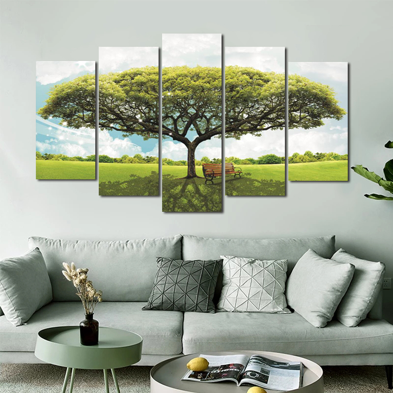 5 Panels Green Yellow Red Tree Posters Forest Prints Canvas Painting Wall Art For Living Room Landscape Pictures Home Decor