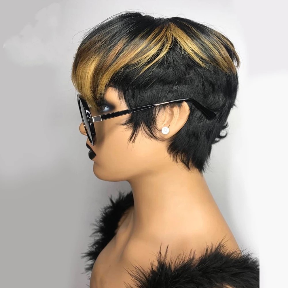 Ombre Blonde Pixie Short Cut Bob Wig 150% Density Brazilian Remy Wavy Human Hair No Lace Wigs For Black Women