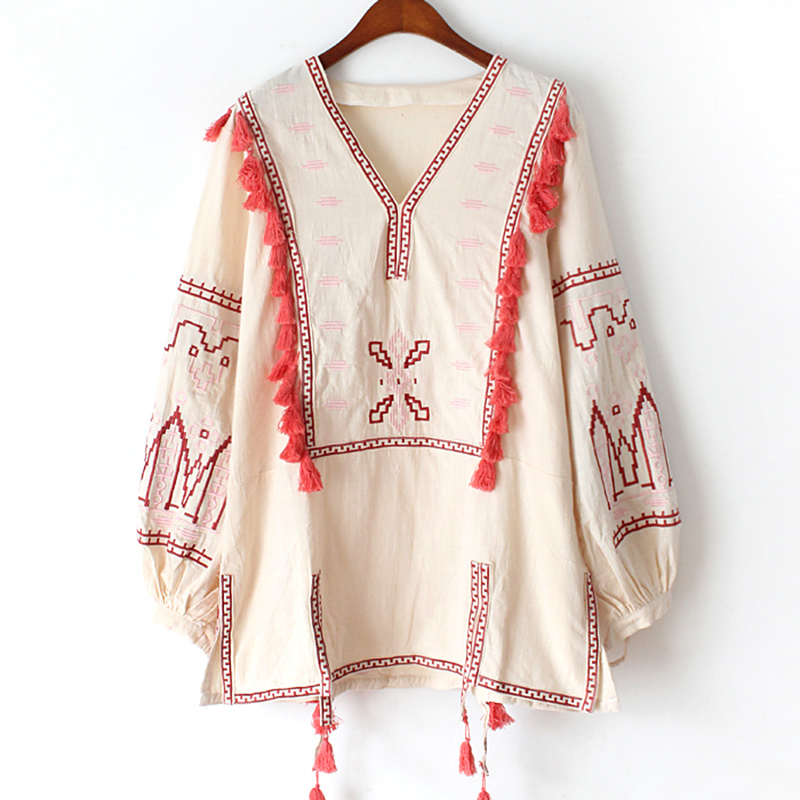 Khale Yose Summer Boho Chic Womens Tops And Blouses Loose Embroidery Blouse Shirt Cotton Tassles Hippie Ethnic Gypsy Tunic 210225