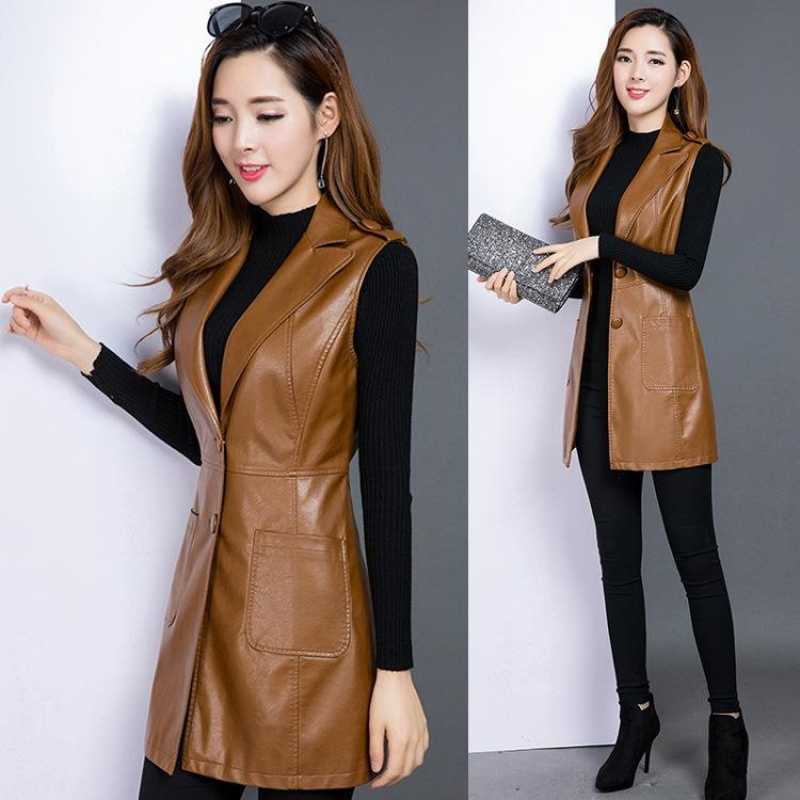 Plus Size 3XL PU Leather Red Women's Vest Long sleeveless sherpa Coat Female Spring Waistcoat for Feminine jacket 210819
