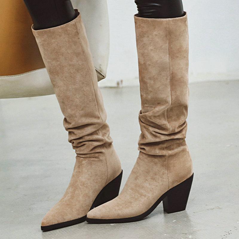Boots 2021 Autumn And Winter Women's High Solid Color Round Toe Square Heel Outdoor Non-slip Comfortable Casual