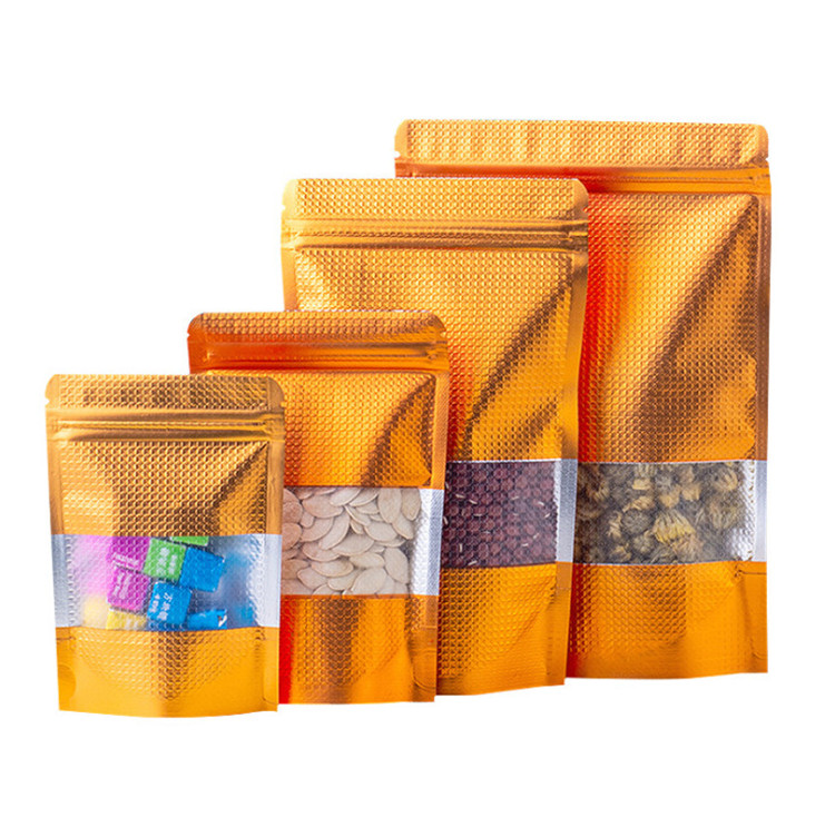 100pcs Stand up Embossed Gold Aluminum Foil Window Zipper Bag Doypack Resealable Chocolate Coffee Biscuits Snack Salt Pet Food Heat Sealing Packaging 