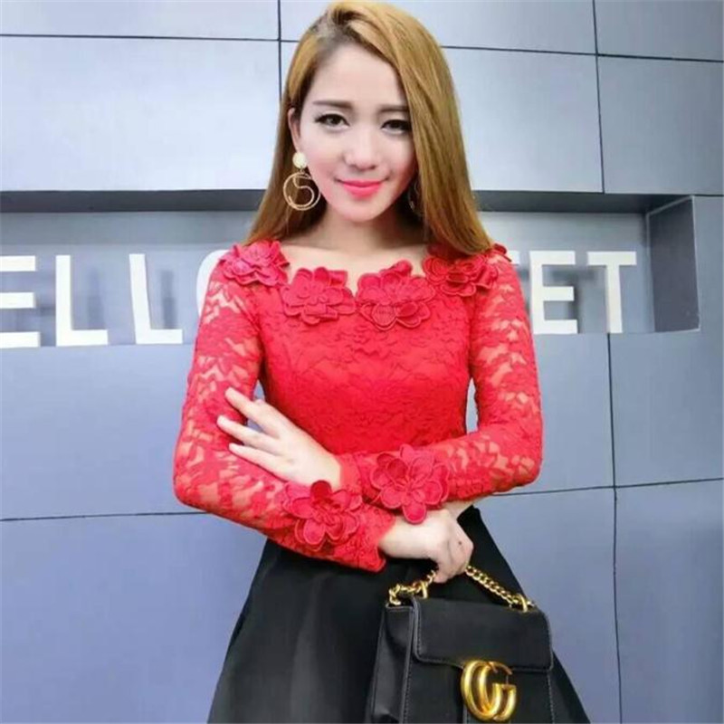 New Autumn Long Sleeve Mesh Blouse Women Sweet Floral Lace Shirt Femal Ladies Slim Slash Neck Blouse Blusas Short Tops A966 210225