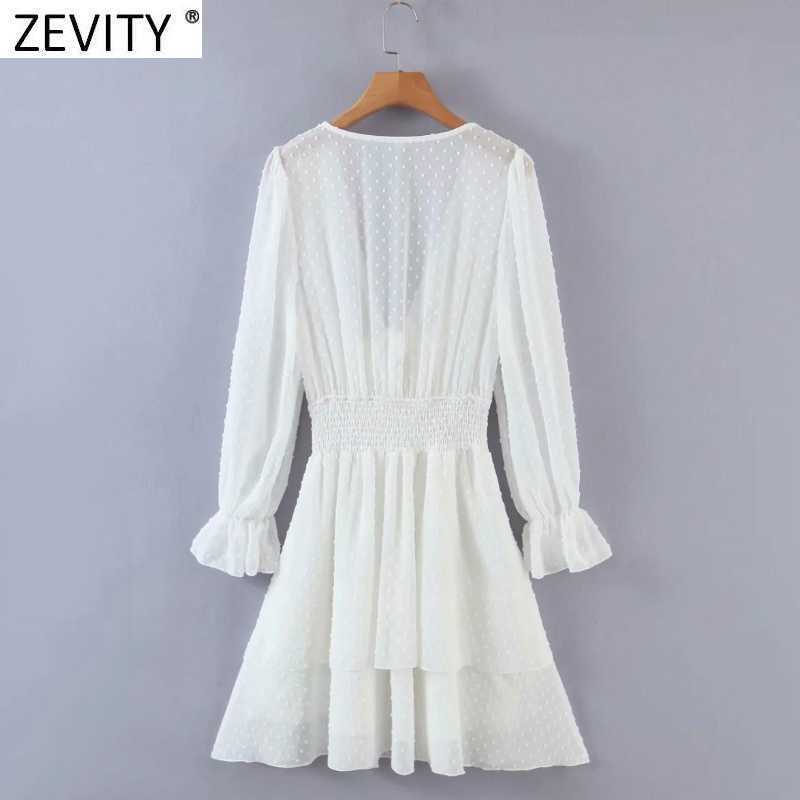 Zevity Women Sexy V Neck Knotted Dots Stitching Chiffon Dress Female Chic Puff Sleeve Elastic Waist Slim Ruffles Vestidos DS8347 210603