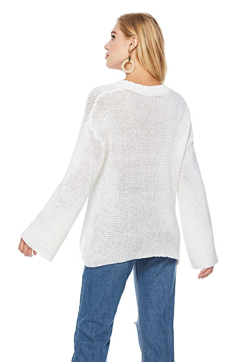 Fitshinling Arrival Autumn Women Sweaters And Pullovers V Neck Loose Hollow Out Knitwear Sweater Sexy White Jumper Sale Pull 210914