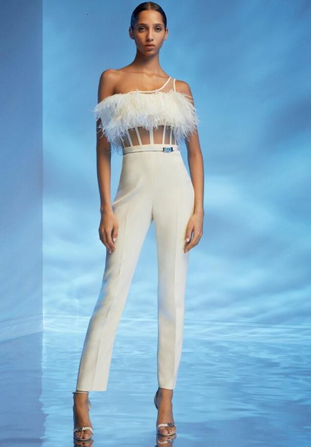 2021 Nouvelle rue High Street Hiver XL Sexy One épaule maille White Femmes Bandage Jumpsuit Célébrité Designer Mode Mode Mode JOI8