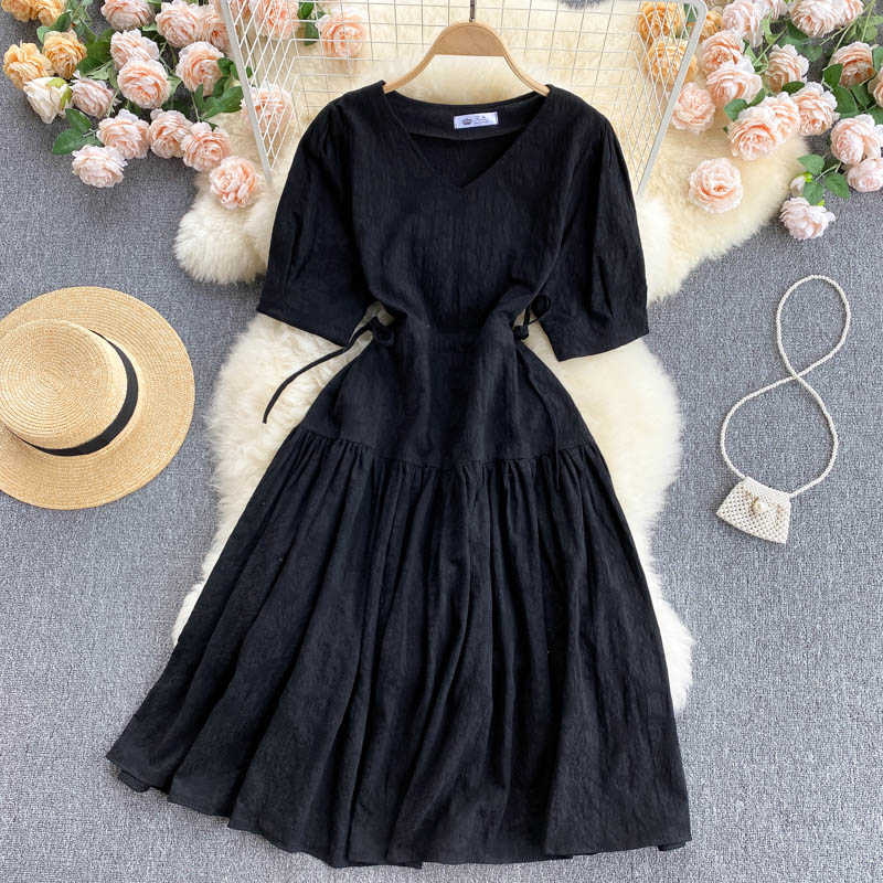 DEAT Women Drawstring Ruffles Dress V-Neck Short Sleeve Arrivals Lady Temperament Fashion Spring Summer 11D599 210709