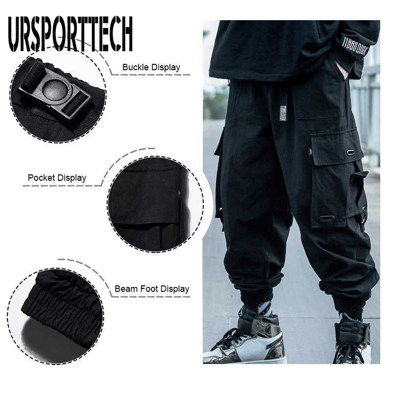 URSPORTTECH Black Cargo Pants Men Hip Hop Autumn Harem Pant Streetwear Harajuku Jogger Sweatpant Cotton Trousers Male Pants 210810