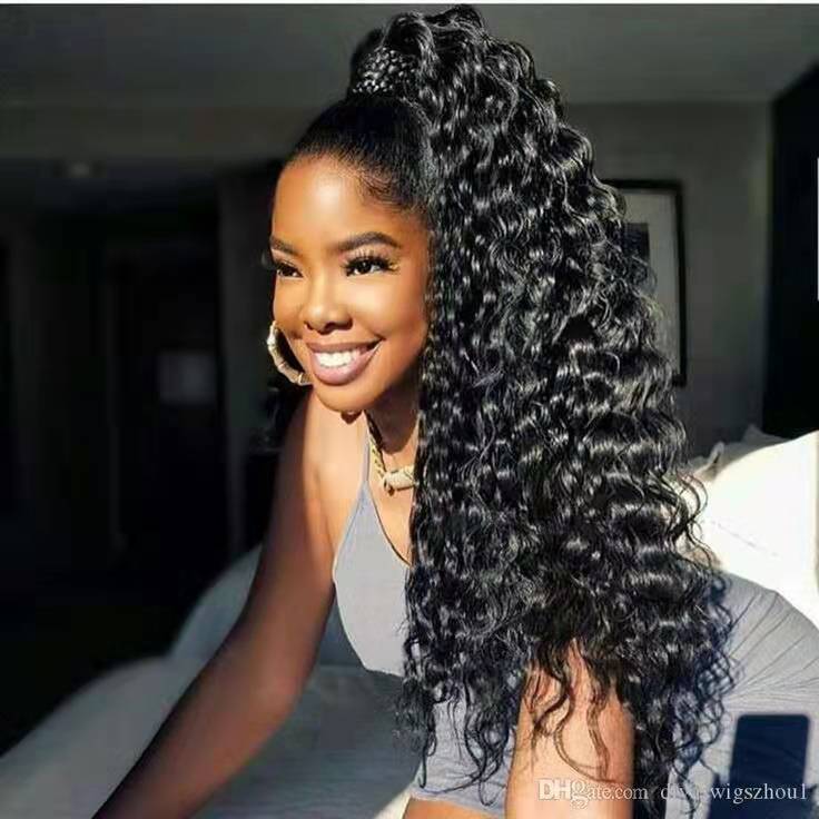Celebrity Ponytail hairstyle long high curly drawstring pony tail human african american puff updo bun weave hair extension jet black color 1 100g-160