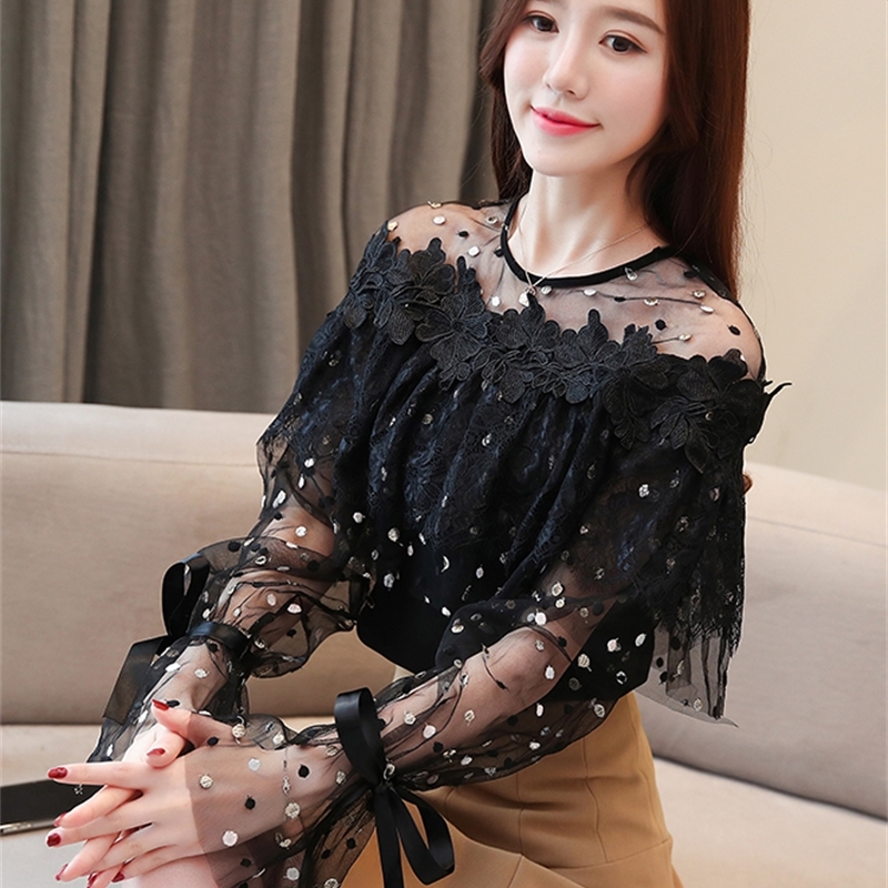 Dingaozlz New Sweet Women Blouse Fashion Lady's Chiffon shirt Patchwork Mesh Lace Tops Flare sleeve Ruffles Casual shirt T200321
