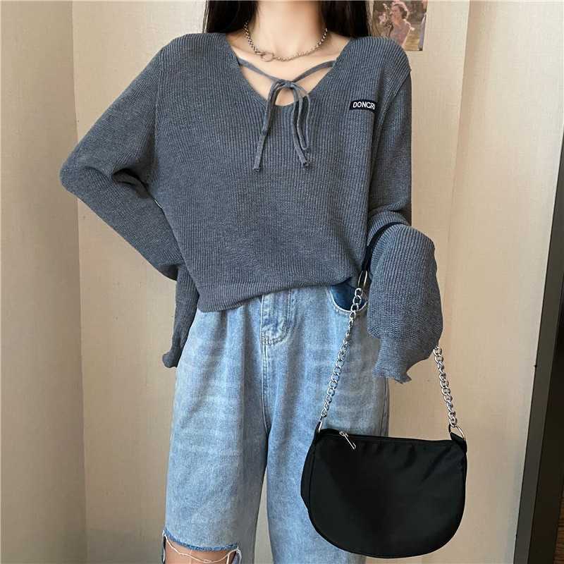 Yedinas Sexy V-Neck Lace Up Knitted Sweaters Women Autumn Long Sleeve Solid Crop Tops Spring Knitwear Japanese Ladies Jumper 210527