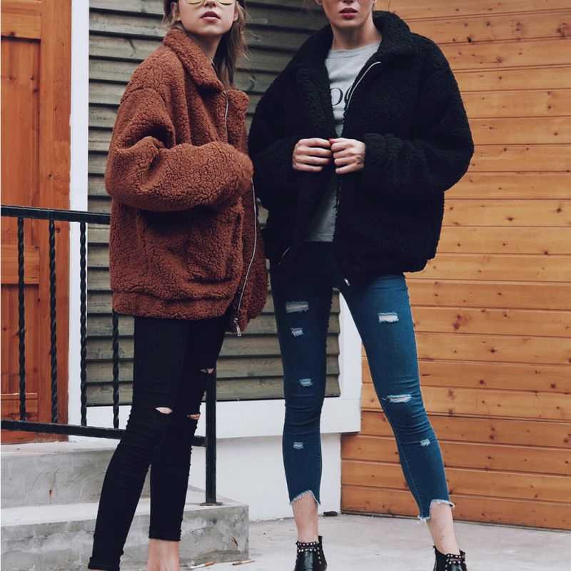 Elegant Faux Fur Coat Women Autumn Winter Warm Soft Zipper Fur Jacket Female Plush Overcoat Pocket Casual Teddy Outwear 3XL 211019