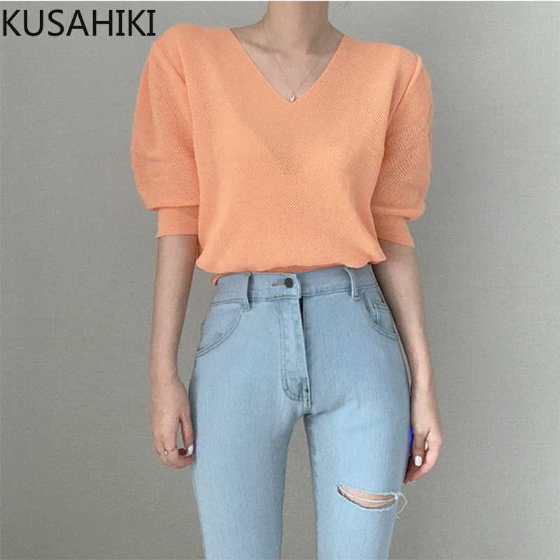 KUSAHIKI Summer Thin Knitwear Korean Chic Solid Puff Sleeve V-neck Knitted Tops Causal Women Elegant Pullover Sweater 6J045 210602, Orange
KUSAHIKI Summer Thin Knitwear Korean Chic Solid Puff Sleeve V-neck Knitted Tops Causal Women Elegant Pullover Sweater 6J045 210602, Orange